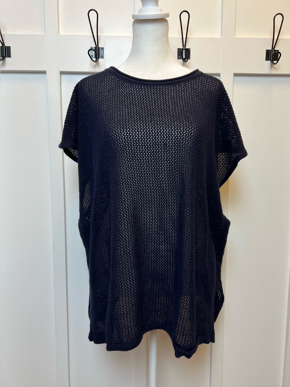 Talbots Size L/XL Short Sleeve Open Knit Pullover Cover Up Top Blue Coastal Cozy